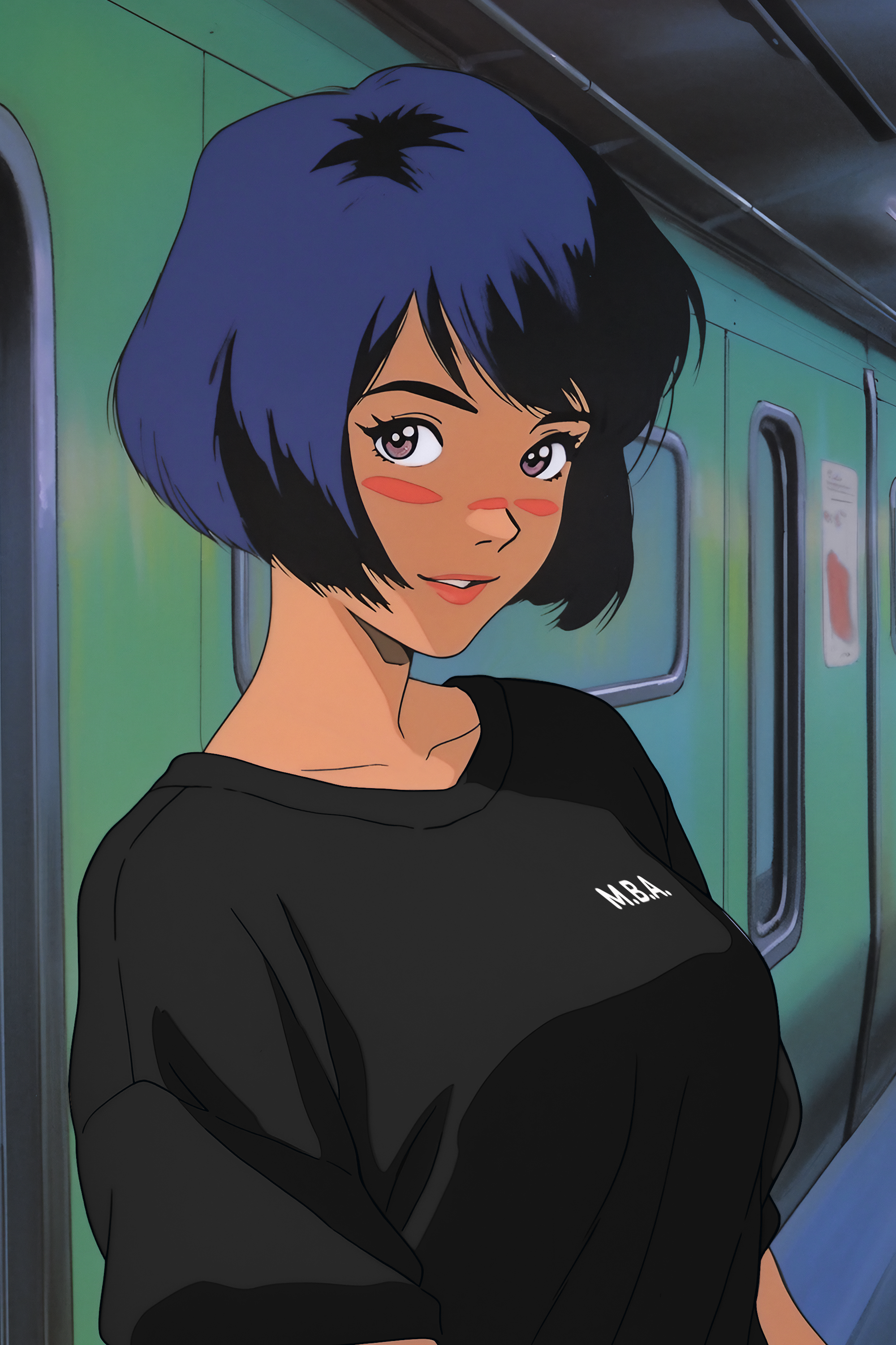 Anime model wearing a black T-shirt with white letters on left chest "M.B.A." or "Master of Business Administration"