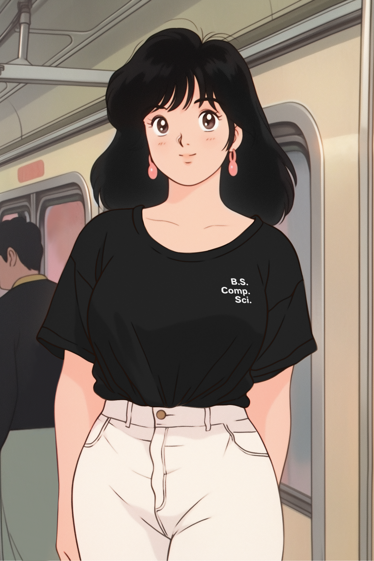 Anime model wearing a black T-shirt with white letters on left chest "B.S. Comp. Sci." or "Bachelor of Science in Computer Science""