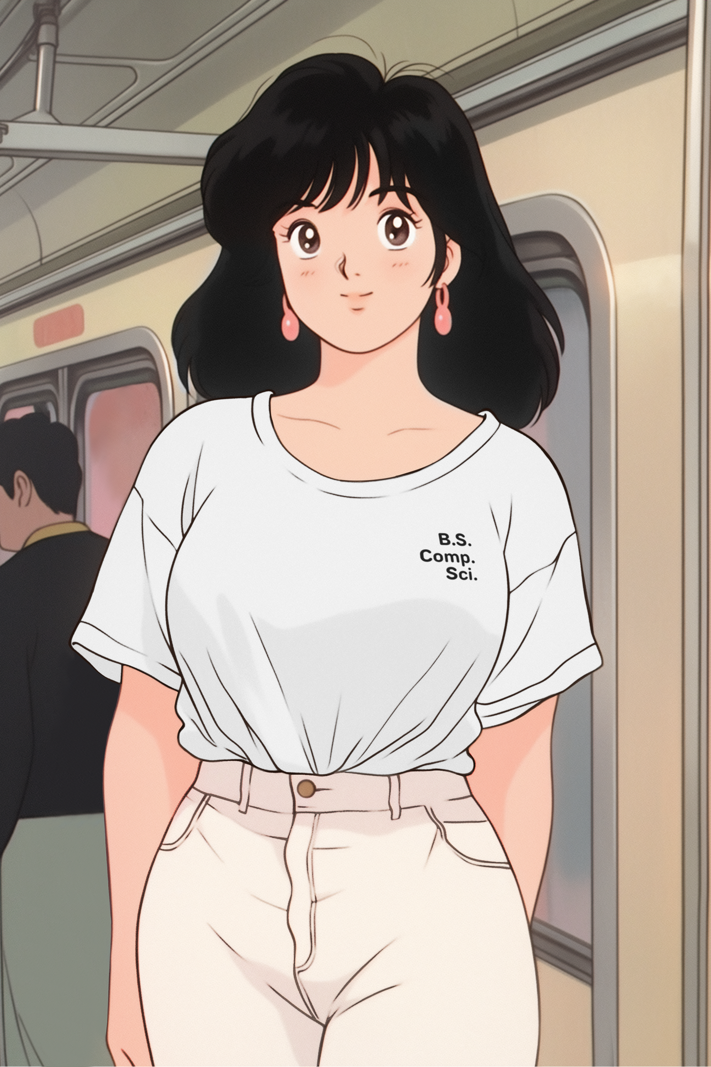 Anime model wearing a white T-shirt with black letters on left chest "B.S. Comp. Sci." or "Bachelor of Science in Computer Science""