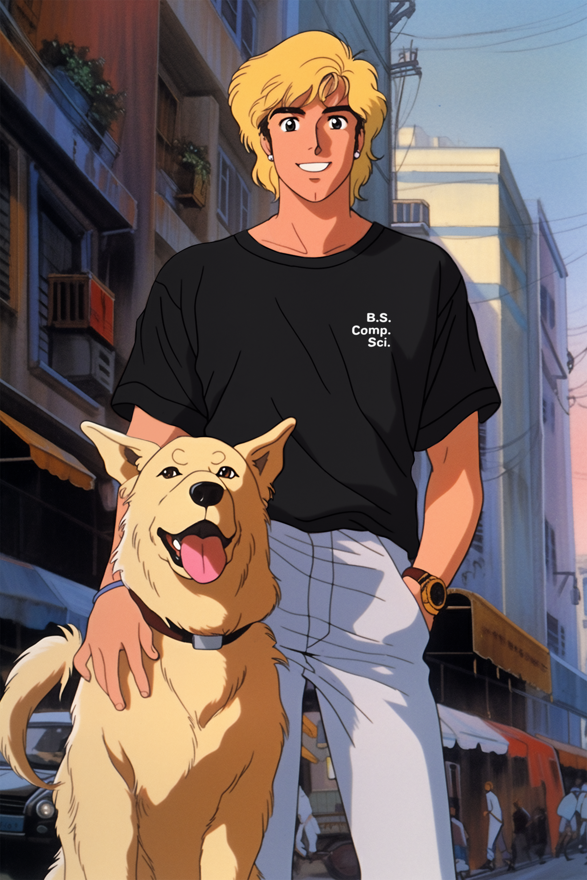 Anime model wearing a black T-shirt with white letters on left chest "B.S. Comp. Sci." or "Bachelor of Science in Computer Science""