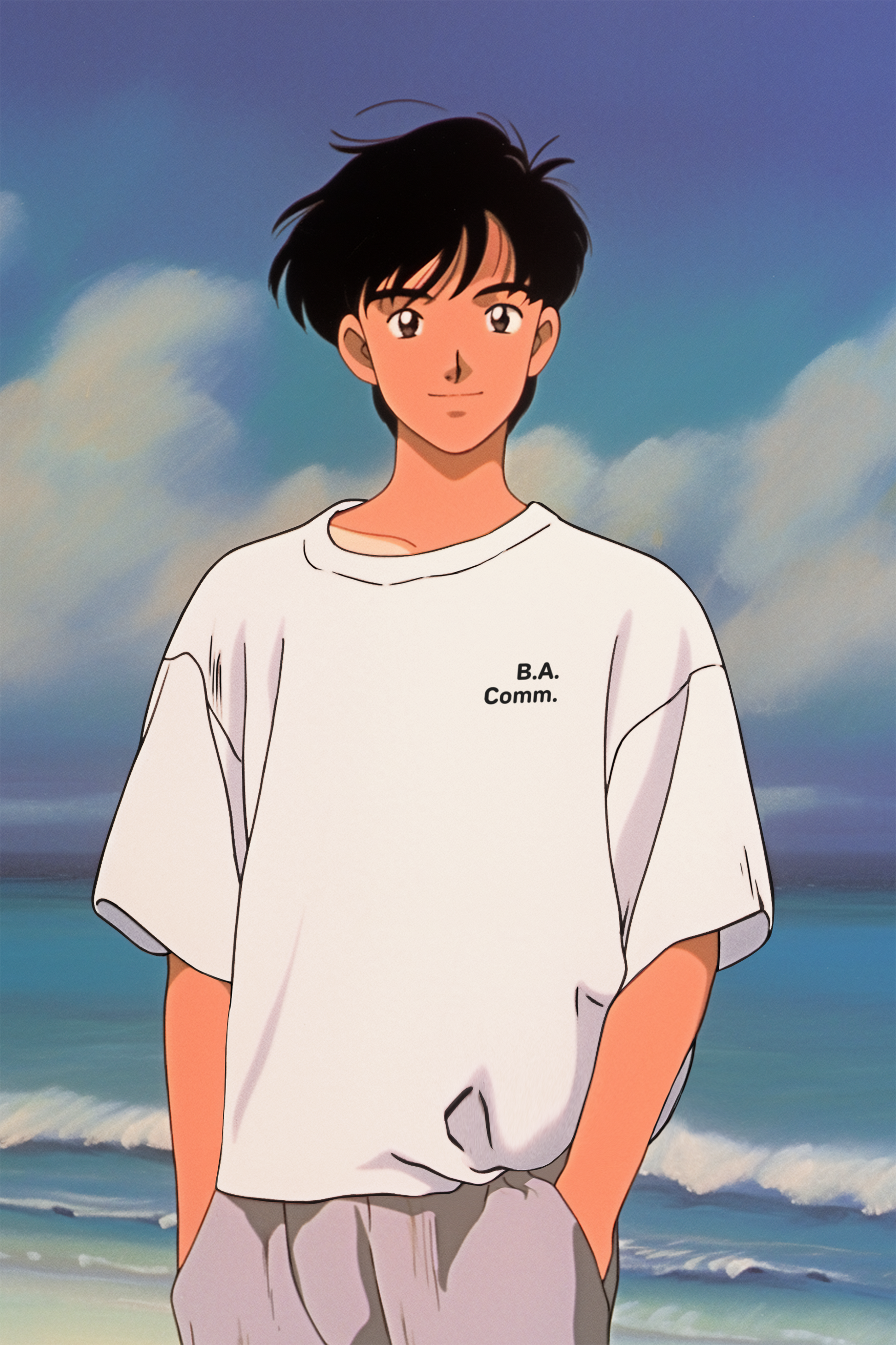 Anime model wearing a white T-shirt with black letters on left chest "B.A.Comm" or "Bachelor of Arts in Communications"