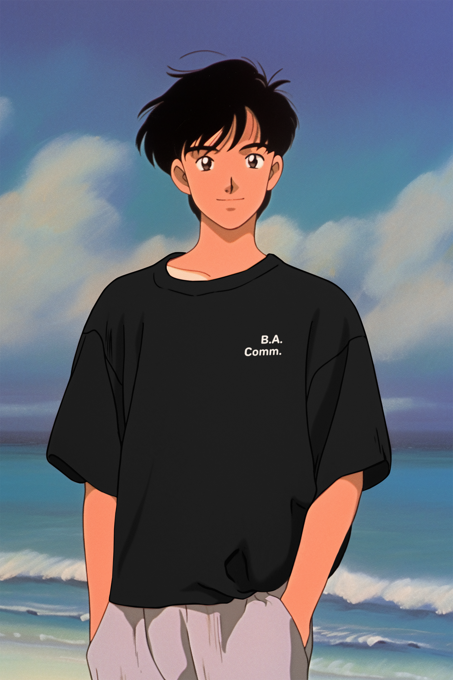 Anime model wearing a black T-shirt with white letters on left chest "B.A.Comm" or "Bachelor of Arts in Communications"